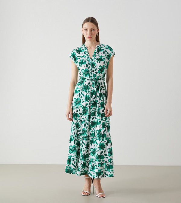 Patterned Cap Sleeves Maxi Dress