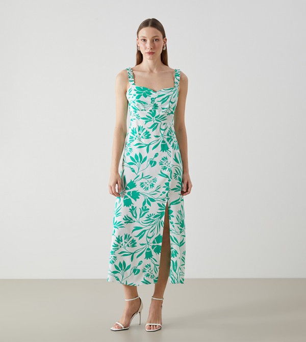 Patterned Strappy Slit Maxi Dress