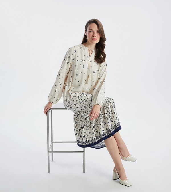 Patterned Tie-Up Neck Midi Dress