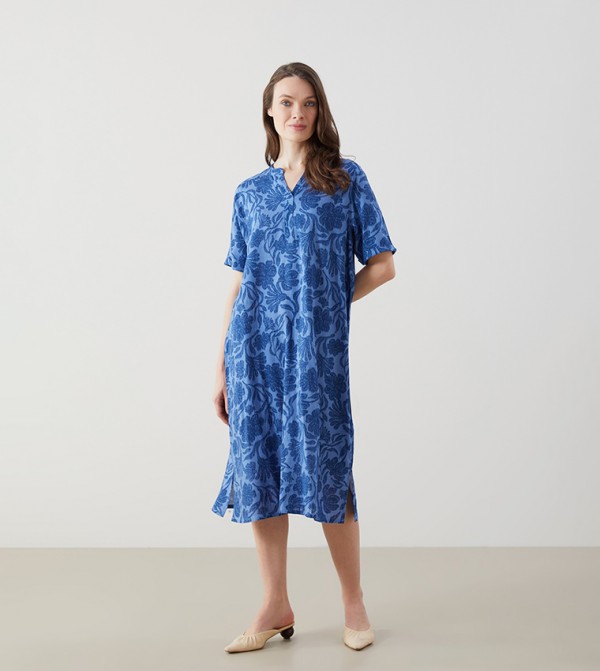 Patterned Henley Neck Midi Dress