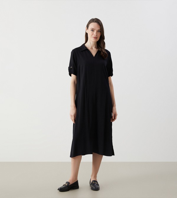 Solid Collared Short Sleeves Midi Dress
