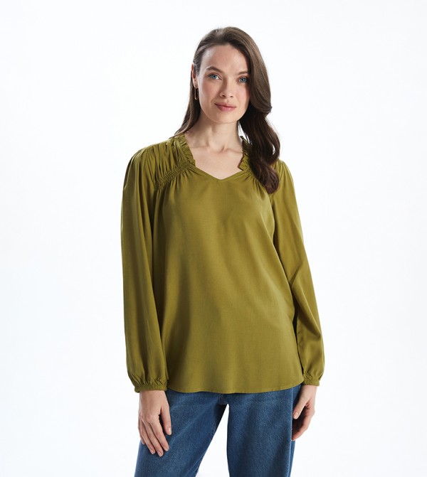 V-Neck Long Sleeves Linen Blend Top