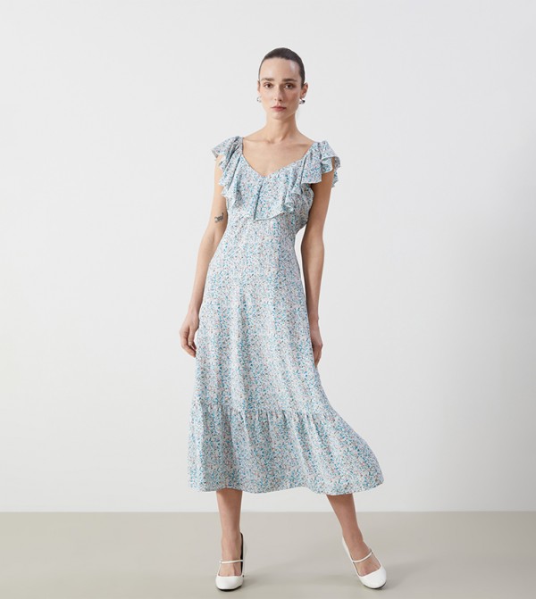 Floral Printed Ruffle Trim Tiered Dress