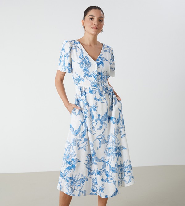 Patterned V-Neck Flared Sleeves Midi Dress