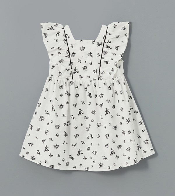Printed Ruffle Detail Linen Midi Dress