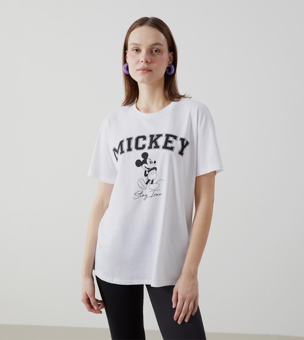 Mickey Mouse Printed Crew Neck Combed Cotton T-Shirt