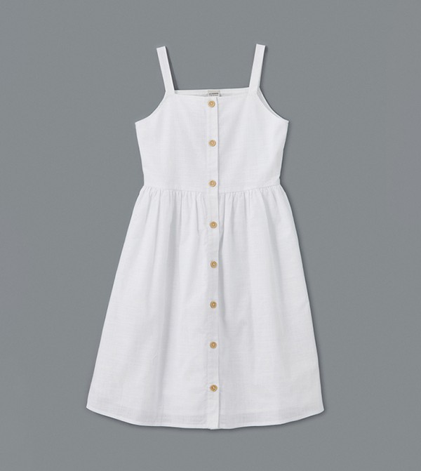 Solid Button Detail Strappy A-Line Dress