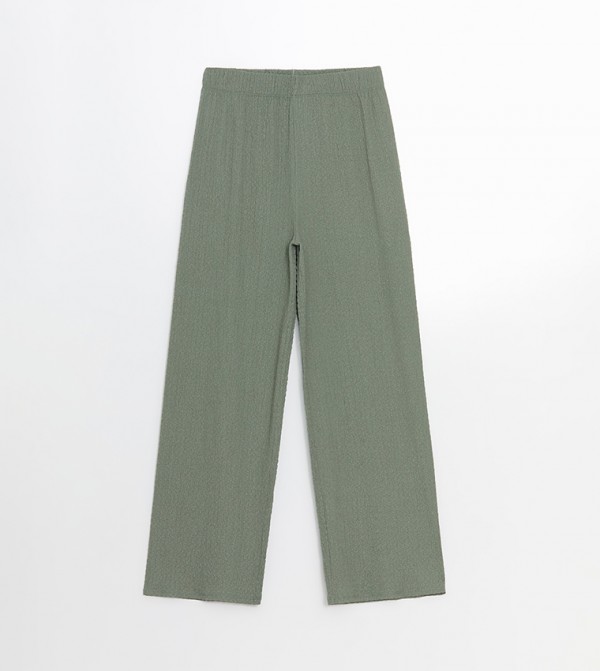 Textured Elastic Waist Wide Leg Trousers