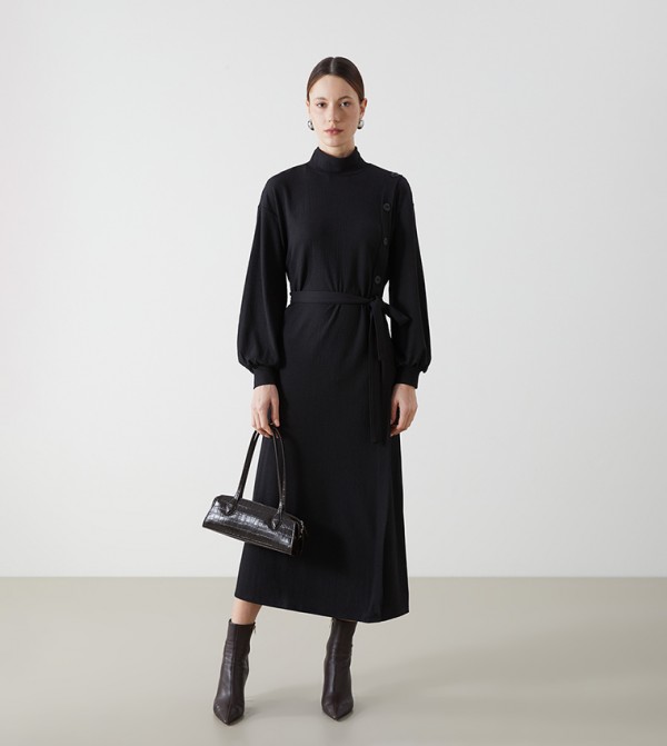 Textured High Neck Midi Dress