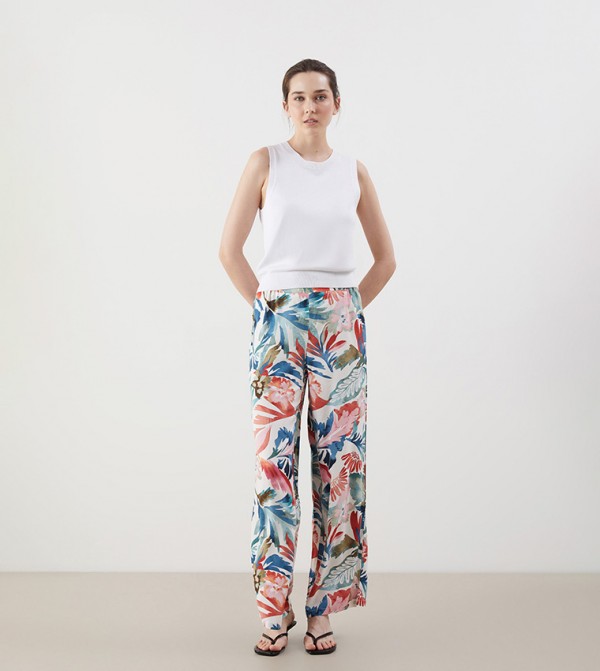 Patterned Elastic Waist Wide Leg Pants