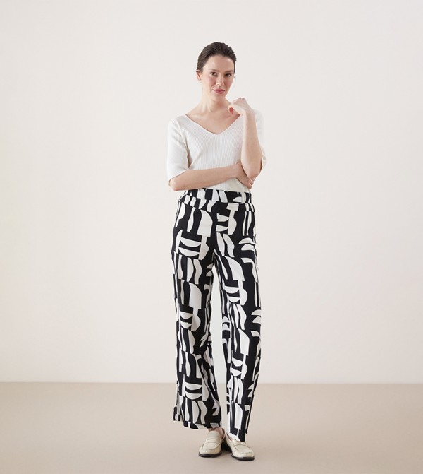 Patterned Elastic Waist Wide Leg Pants