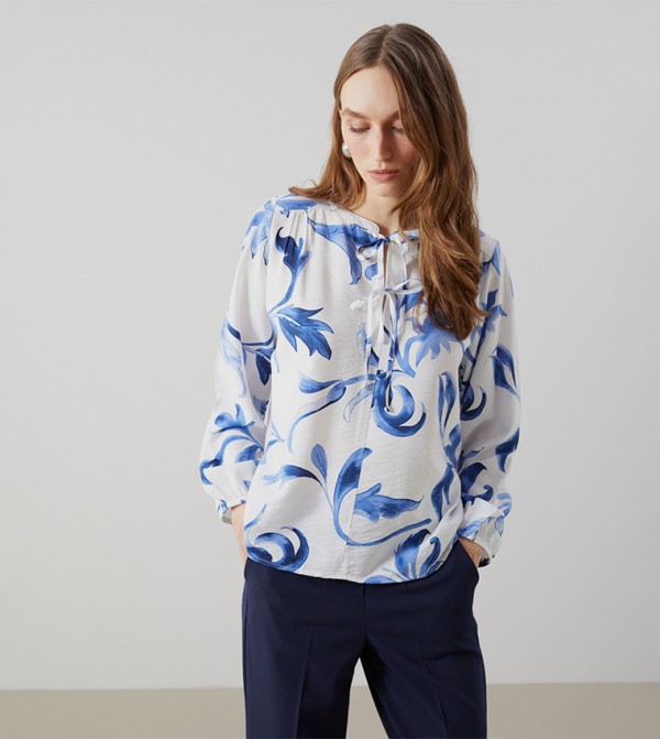 Floral Tie-Up Neck Long Sleeves Top