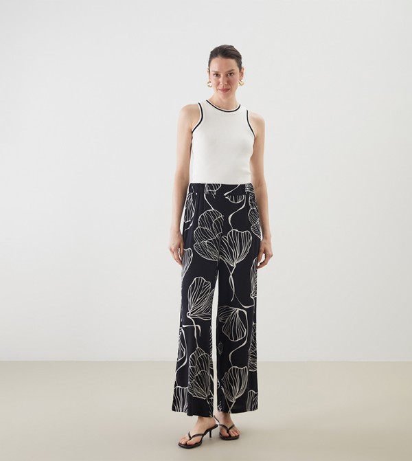 Patterned Elastic Waist Wide Leg Pants