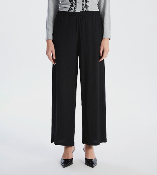 Textured Elastic Waist Wide Leg Trousers
