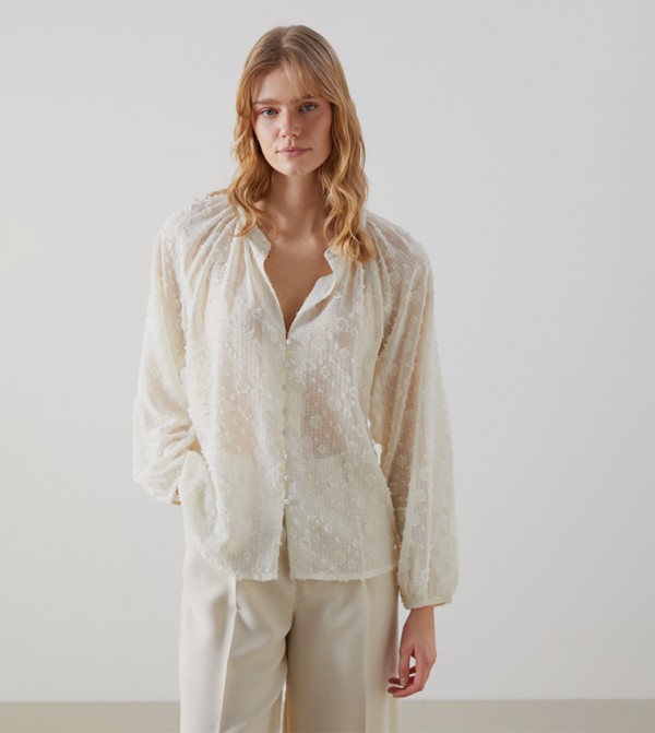 Textured Button-Closure Long Sleeves Top