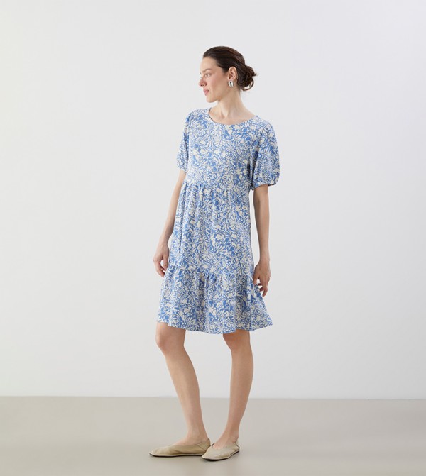 Floral Printed Short Sleeves Tiered Dress