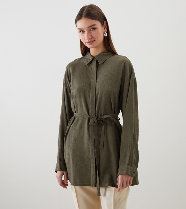 Solid Long Sleeves Belted Tunic Shirt
