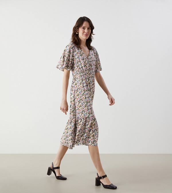 Floral Flared Sleeves Tiered Dress