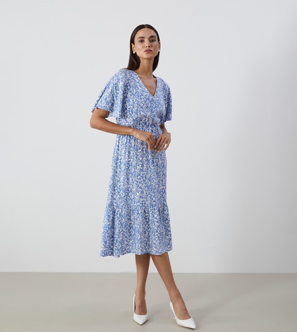 Printed V-Neck Tiered Dress