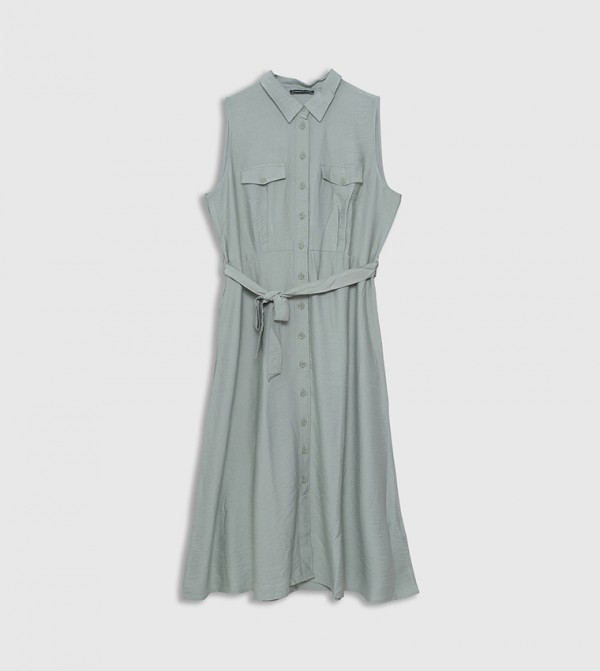 Solid Sleeveless Midi Shirt Dress