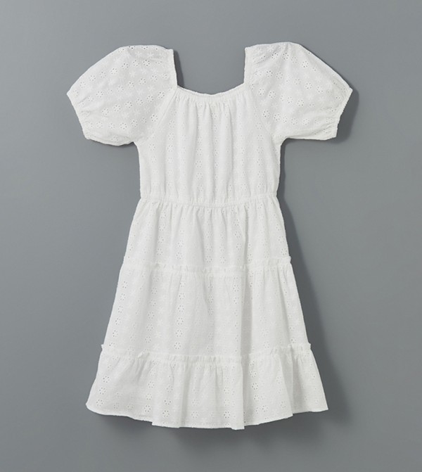 Schiffli Puff Sleeves Tiered Dress