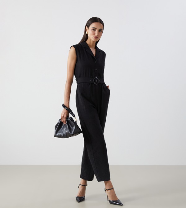 Textured Belted Sleeveless Jumpsuit