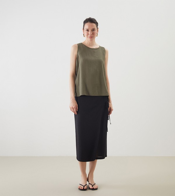 Elastic Waist Linen Blend Midi Skirt
