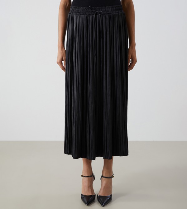Elastic Waist Satin Pleated Midi Skirt