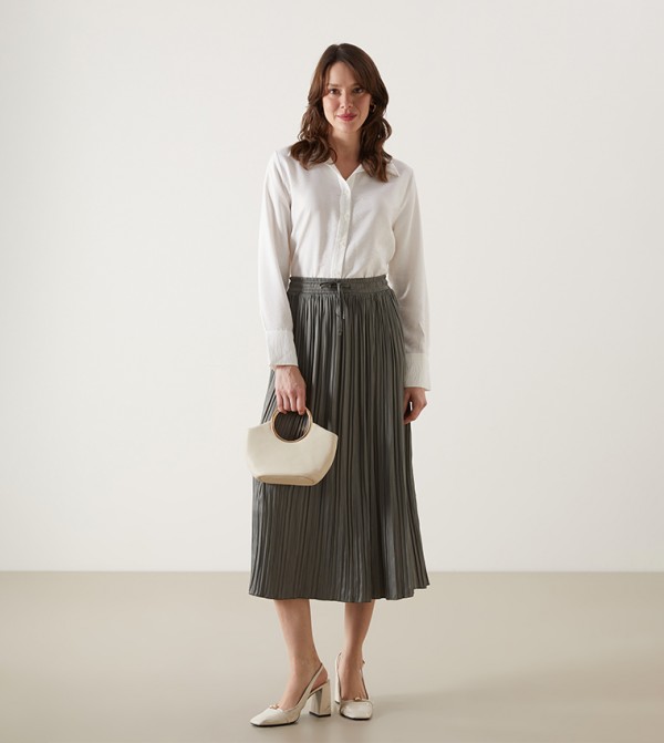 Pleated Elastic Waist Satin Midi Skirt