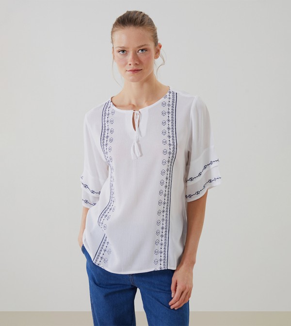 Embroidered Tie-Up Neck Crinkle Top