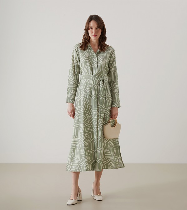 Patterned Belted Shirt Dress