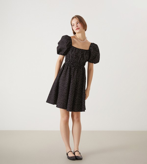 Polka Dots Square Neck Poplin Mini Dress