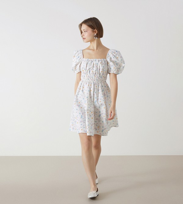 Floral Printed Puff Sleeves Mini Dress