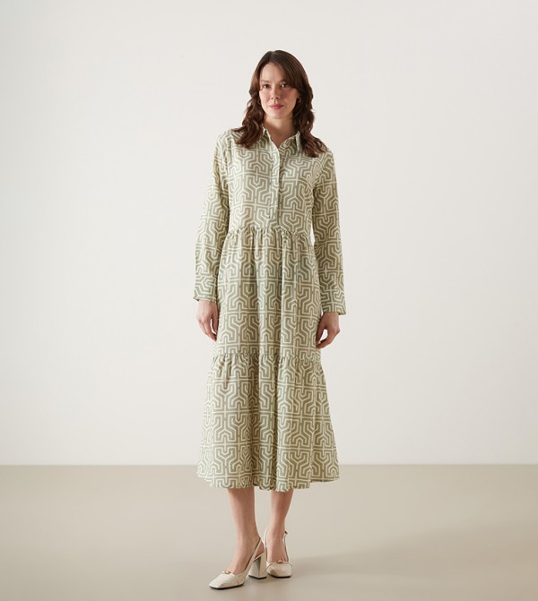 Patterned Long Sleeves Shirt Dress