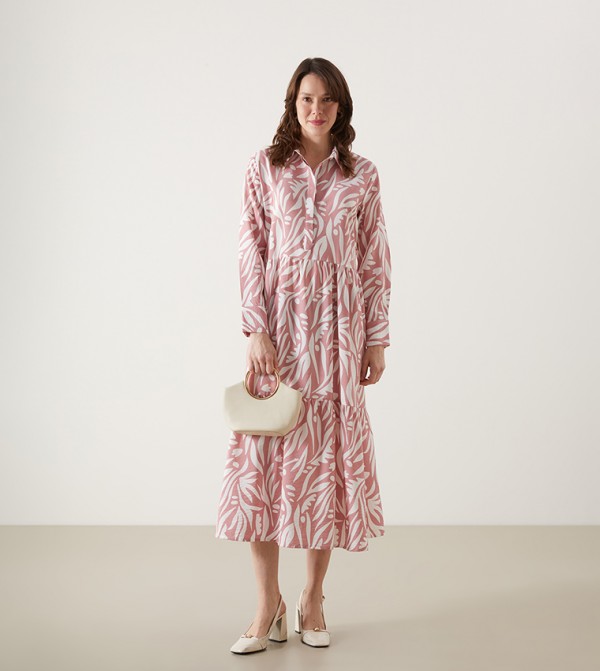 Patterned Long Sleeves Tiered Dress