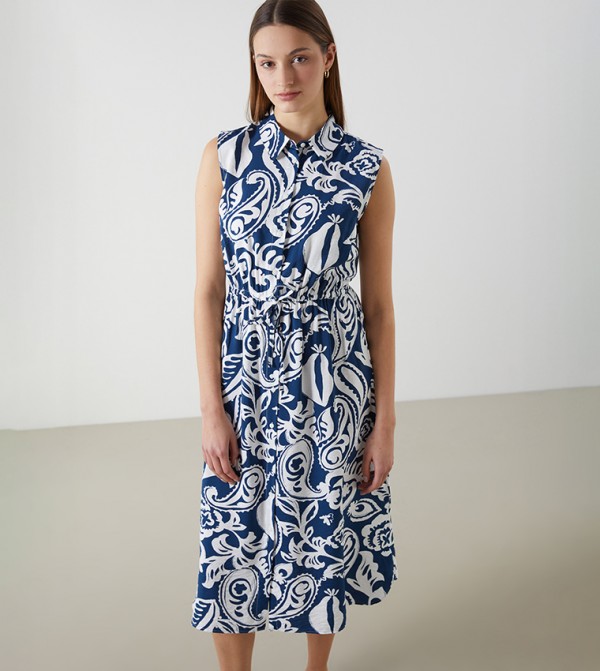 Patterned Sleeveless Shirt Dress