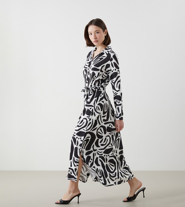 Patterned Belted Shirt Dress