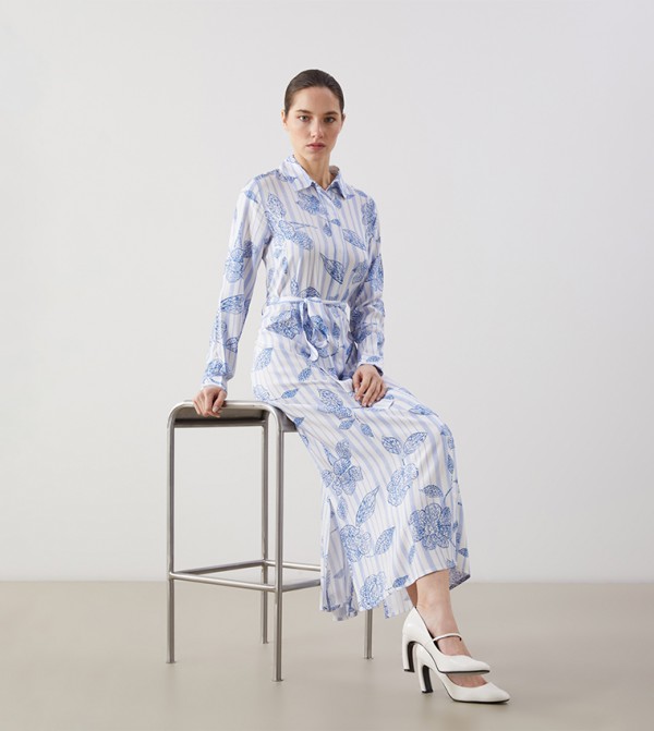 Patterned Belted Shirt Dress