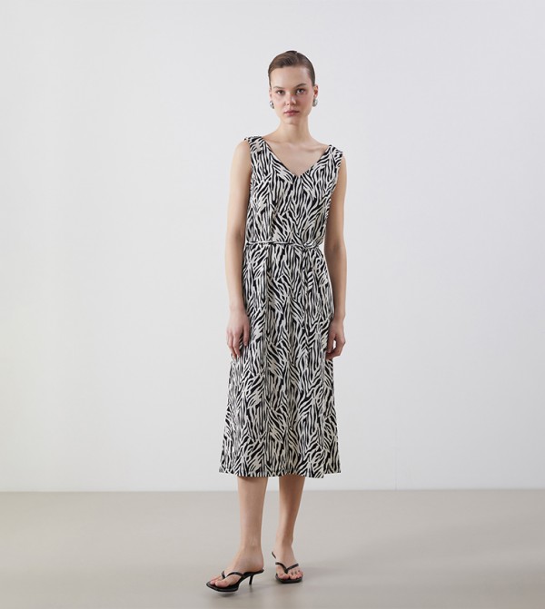 Patterned Belted Midi Dress