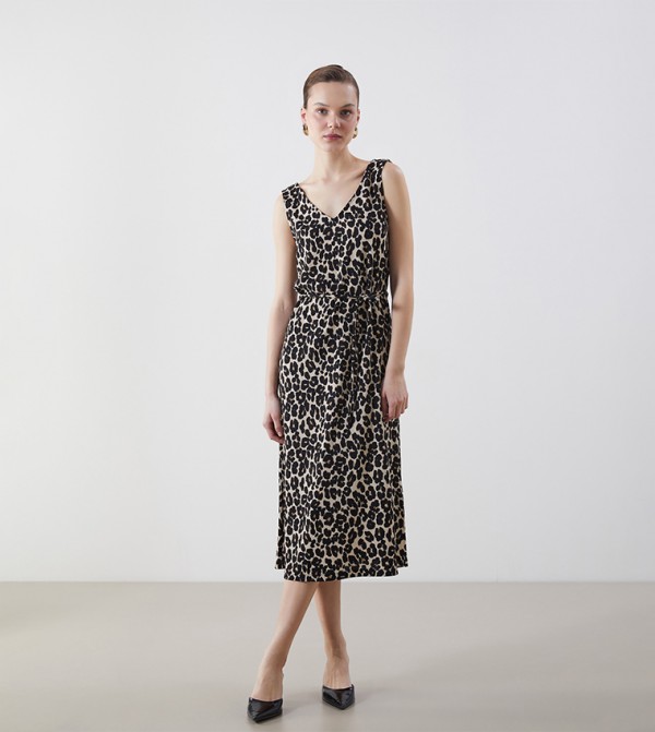Leopard Print Belted Midi Dress