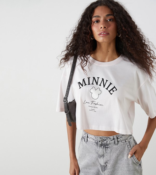 Minnie Mouse Printed Crew Neck Crop T-Shirt