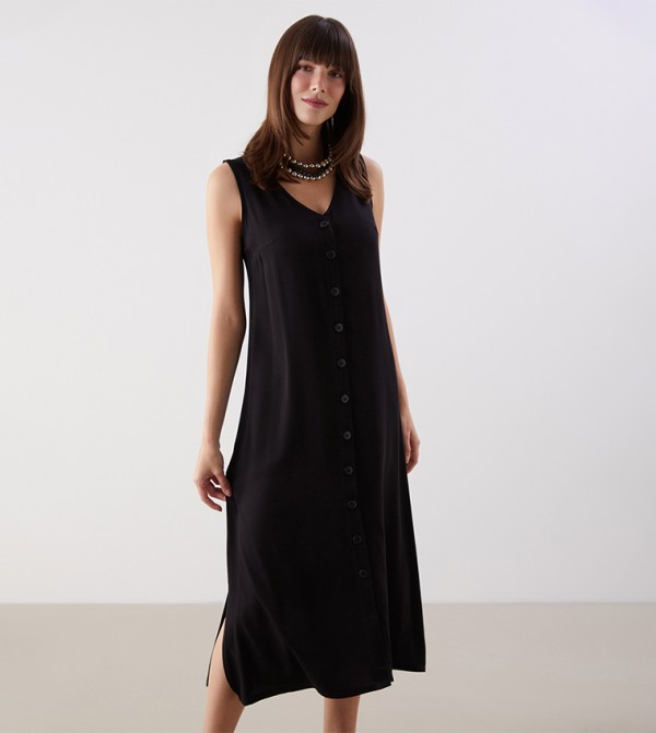 Solid V-Neck Woven Sleeveless Dress