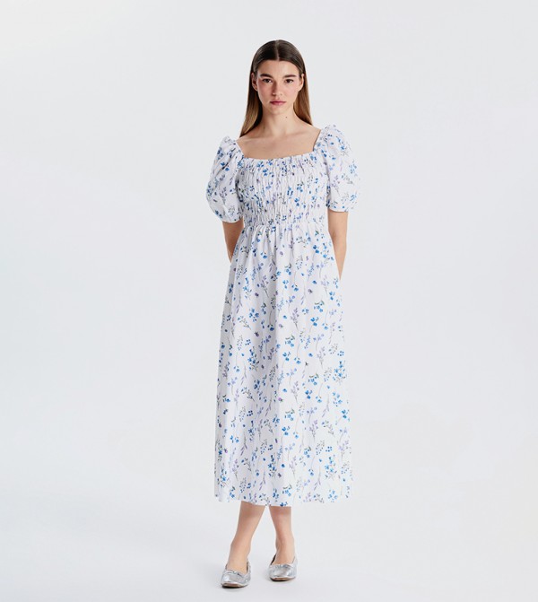 Printed Puff Sleeves Smocked Woven Dress