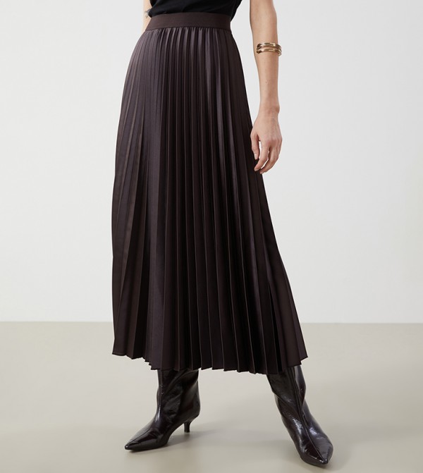 Elastic Waist Satin Pleated Midi Skirt