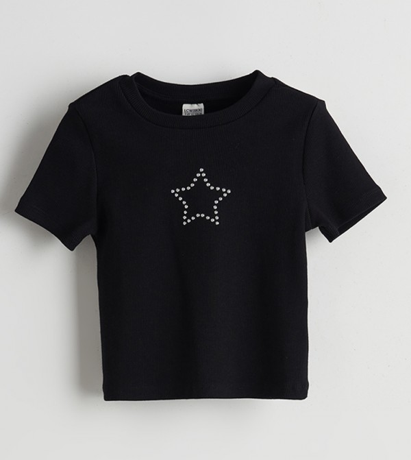 Stone-Embellished Crew Neck Crop T-Shirt