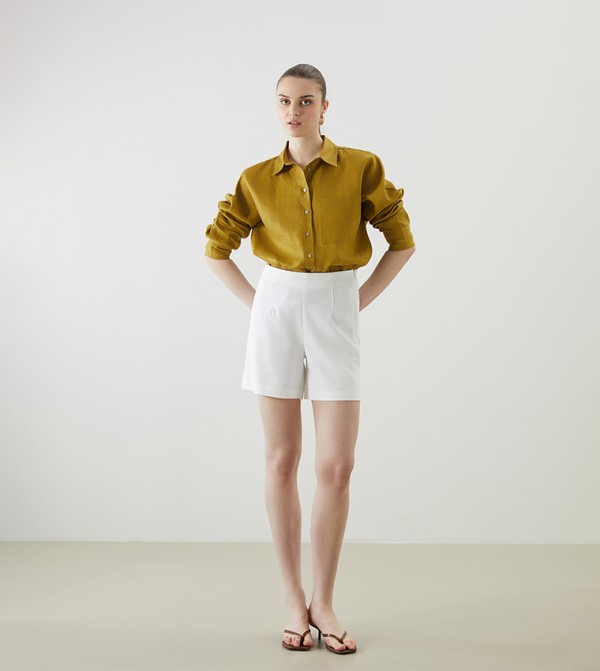 Solid Elastic Waist Woven Shorts