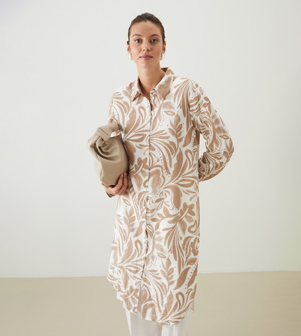 Patterned Shirt Collar Long Sleeves Tunic