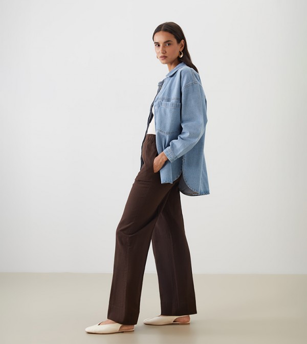 Elastic Waist Linen Blend Trousers