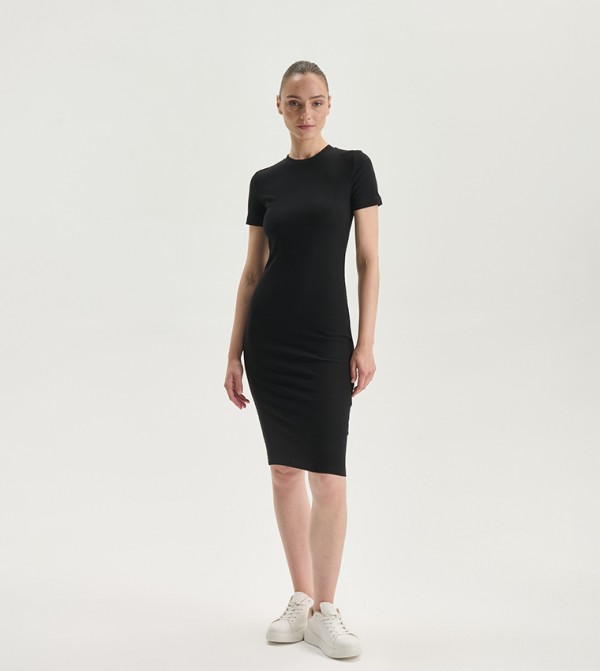 Solid Short Sleeves Bodycon Midi Dress