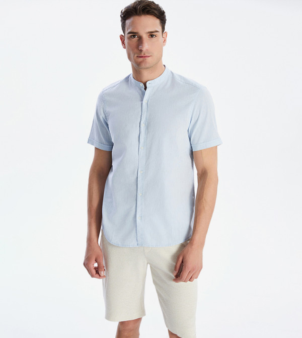 Solid Short Sleeves Linen Blend Shirt